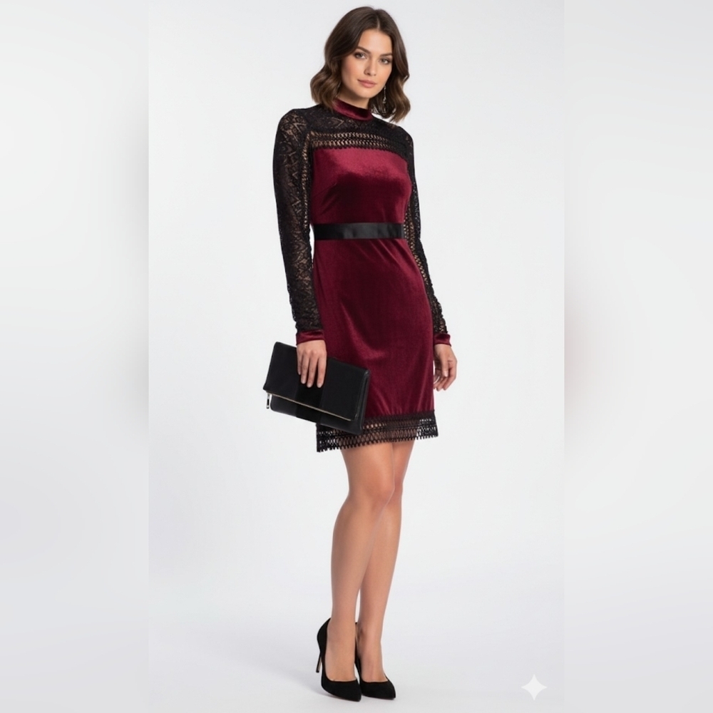 Romeo & Juliet Couture Black Lace Velour High Neck Dress Burgundy Size S